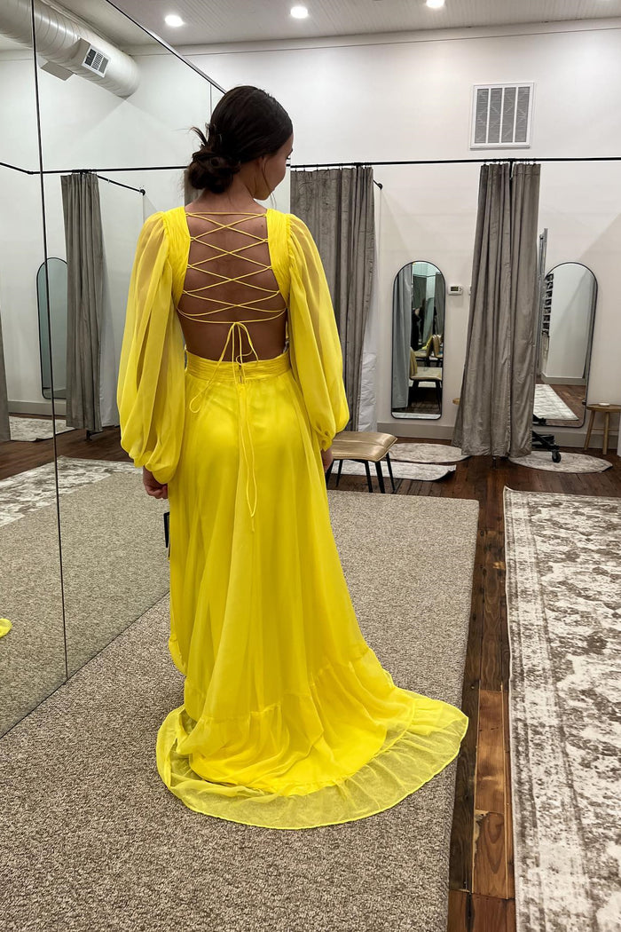 Yellow Chiffon A-line V Neckline Long Sleeves Lace-Up Back Long Prom Dress