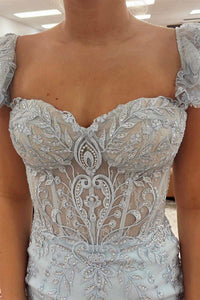 Light Blue Lace Sweetheart Off-the-Shoulder Mermaid Long Formal Dress