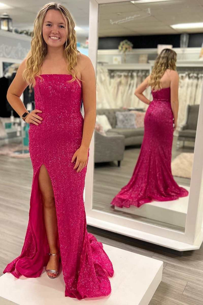 Magenta Sequin Strapless Mermaid Long Prom Dress with Slit