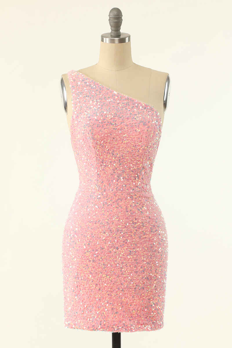 Pink Sequin One-Shoulder Backless Short Formal Dress