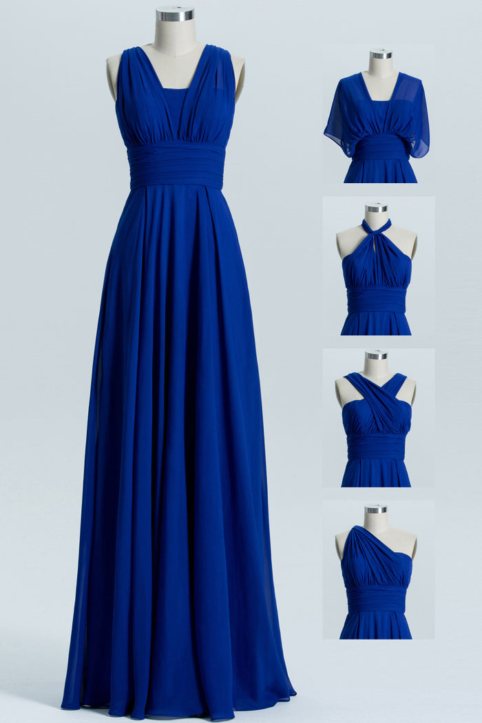 Royal Blue A-line Chiffon Long Convertible Bridesmaid Dress