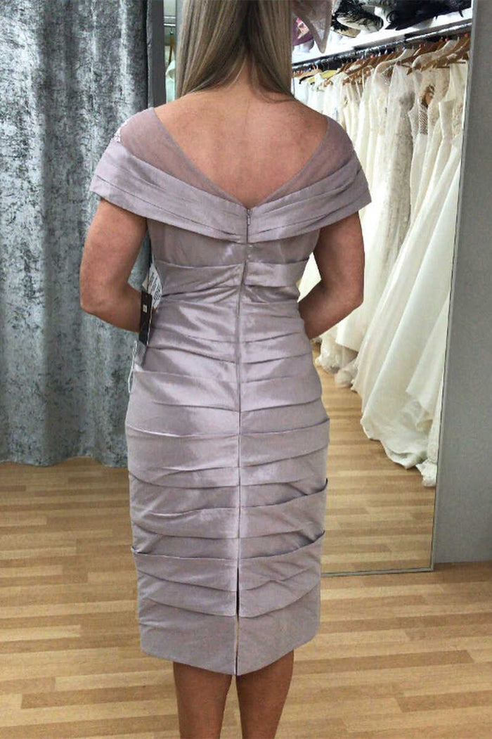 Grey Satin Cap Sleeve Ruched Mother of the Bride Dress