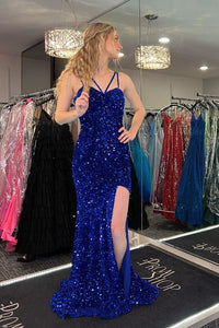 Royal Blue Mermaid Straps Sequins Long Prom Dress with Slit