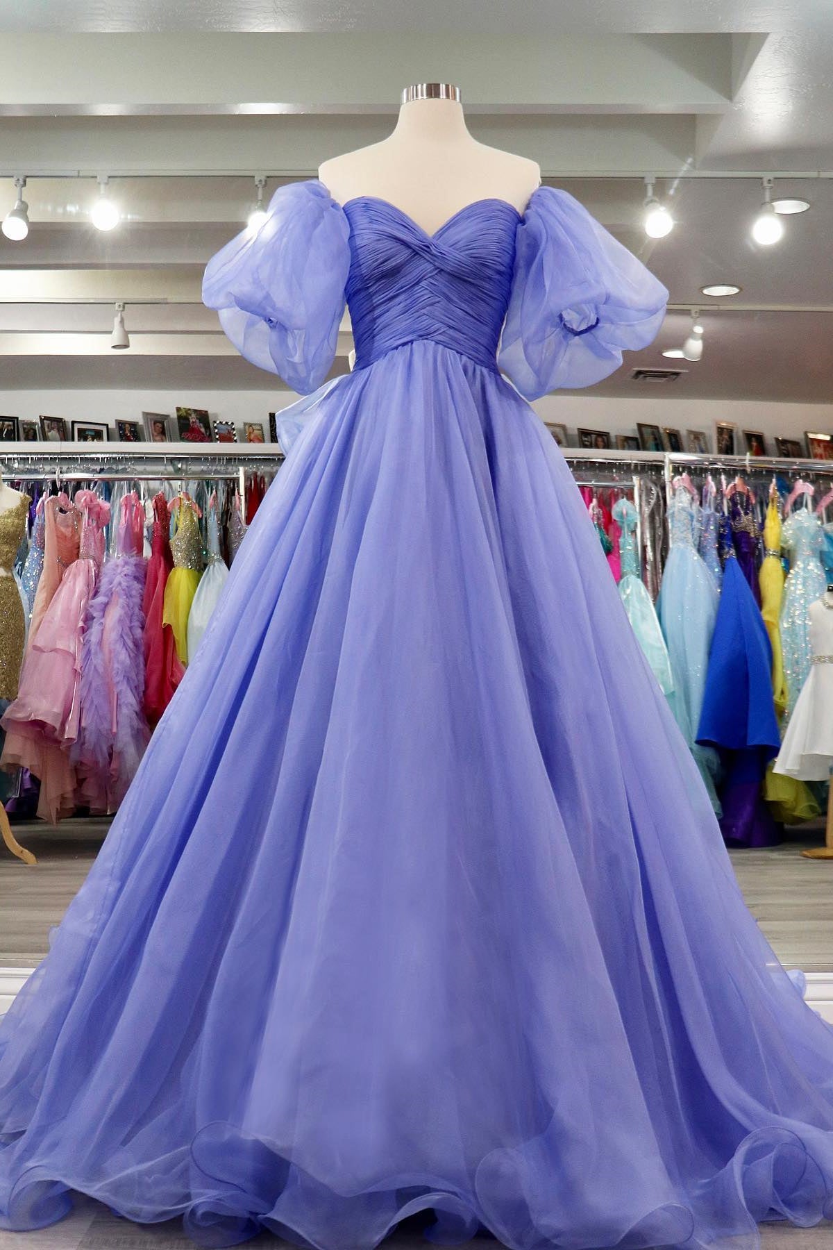 Lavender Tulle A-line Off-Shoulder Puff Sleeves Pleated Long Prom Dress