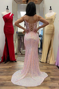 Light Blue Iridescent Sequin Floral Lace Mermaid Long Prom Dress with Slit