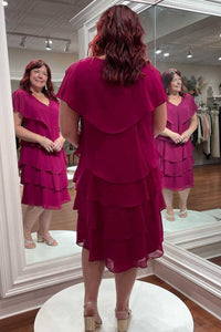 Multi-Tiered Magenta V-Neck Short Mother of the Bride Dress
