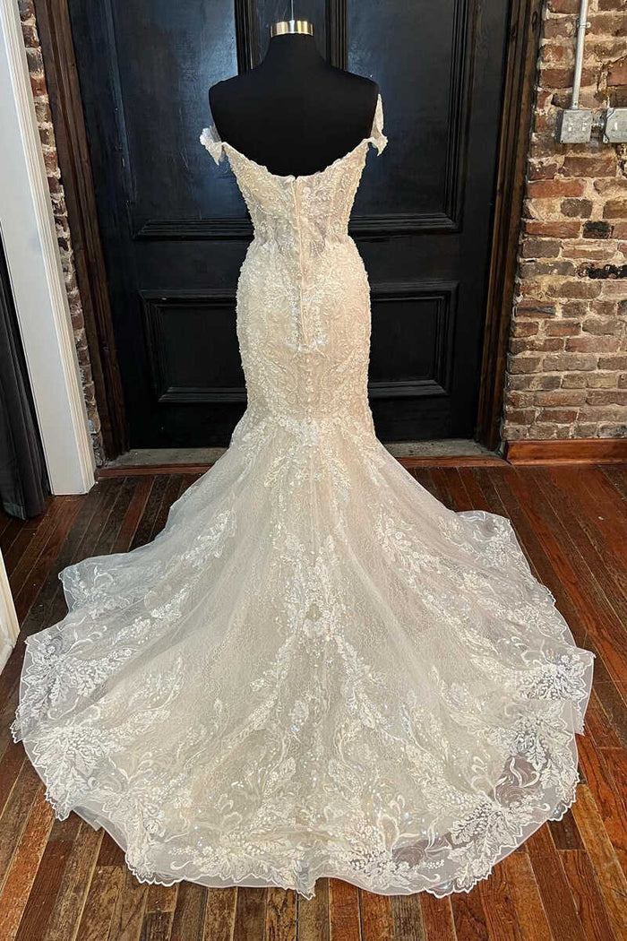 White Lace Off-the-Shoulder Mermaid Long Wedding Dress
