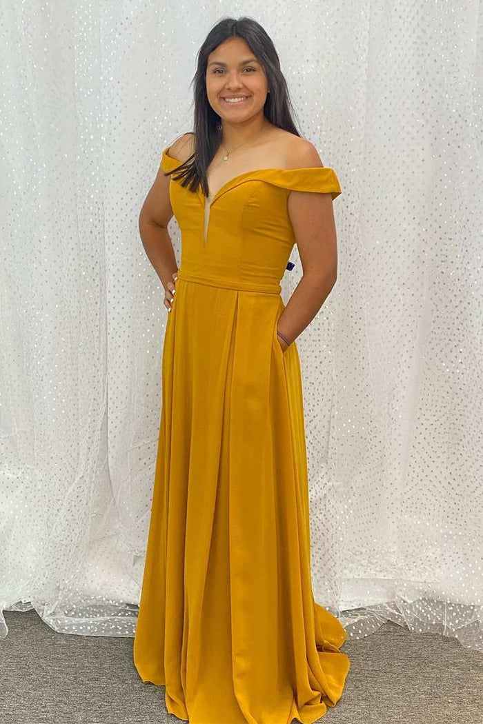 Turmeric Off-the-Shoulder A-Line Long Bridesmaid Dress with Pockets