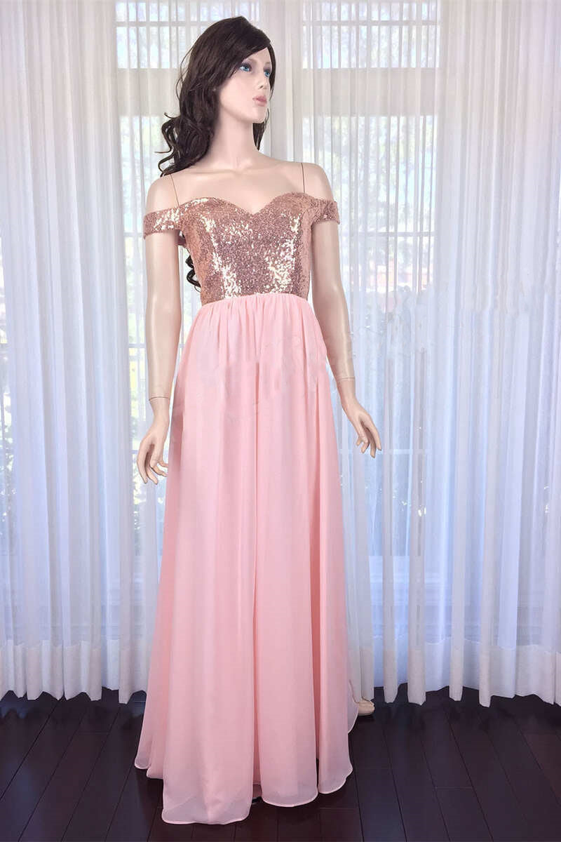 Pink Sequin Off-the-Shoulder Long Bridesmaid Dress