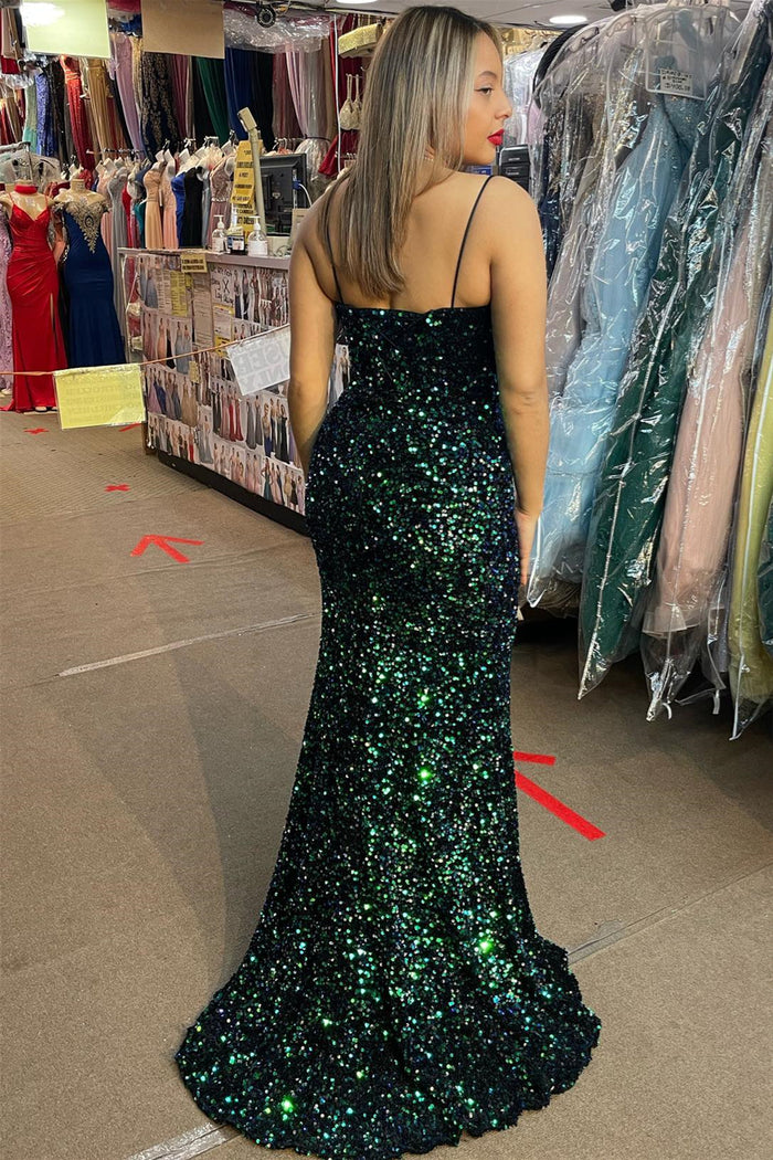 Peacock Green Sequins Mermaid V Neckline Slit Long Prom Dress