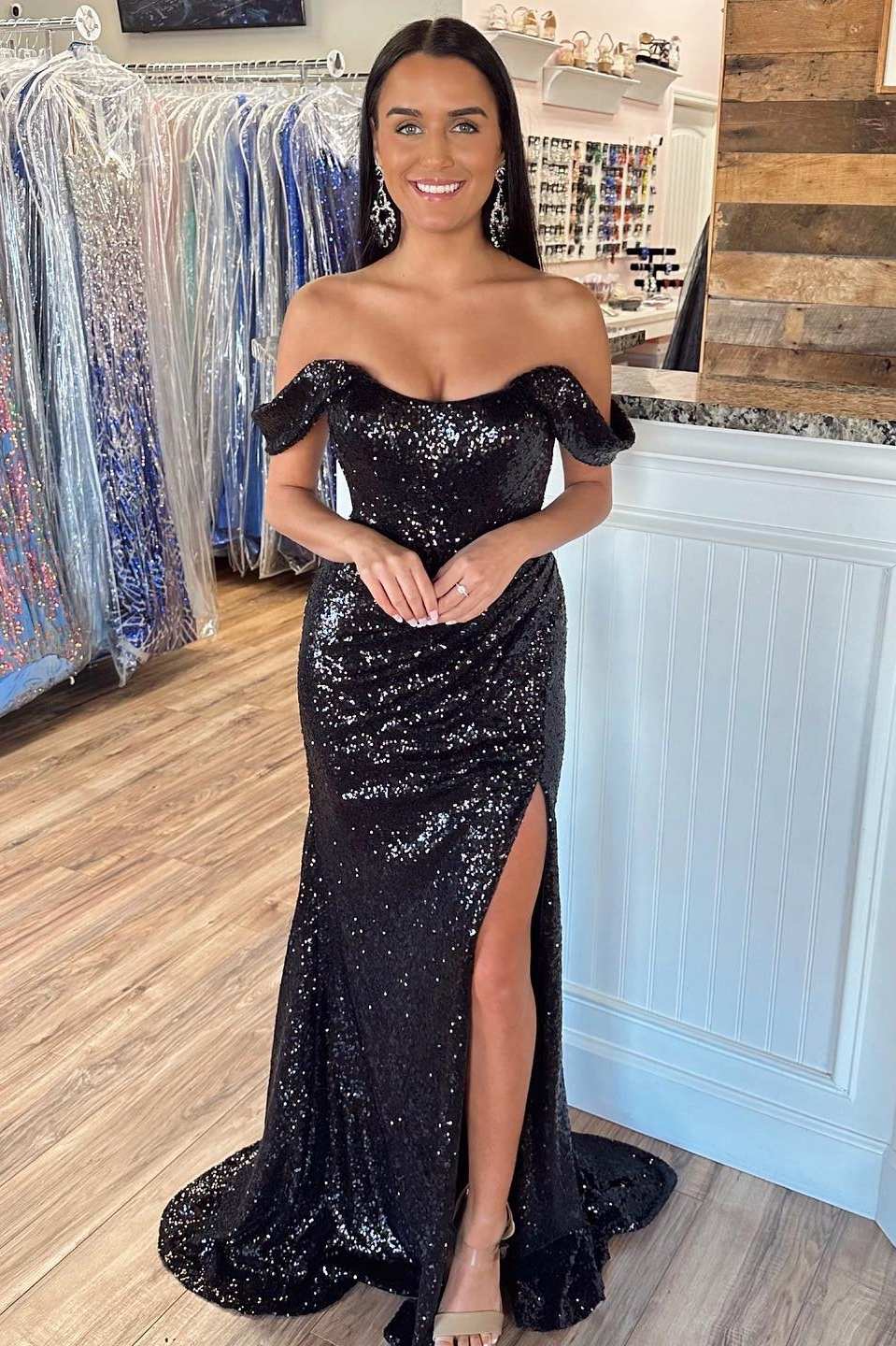 Sequin Off-the-Shoulder Sheath Long Formal Dress with Slit – Dreamdressy