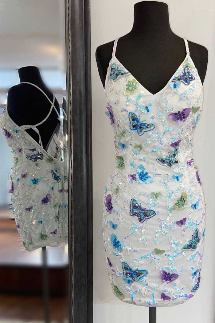 White Backless Tight Mini Homecoming Dress with Iridescent Butterflies