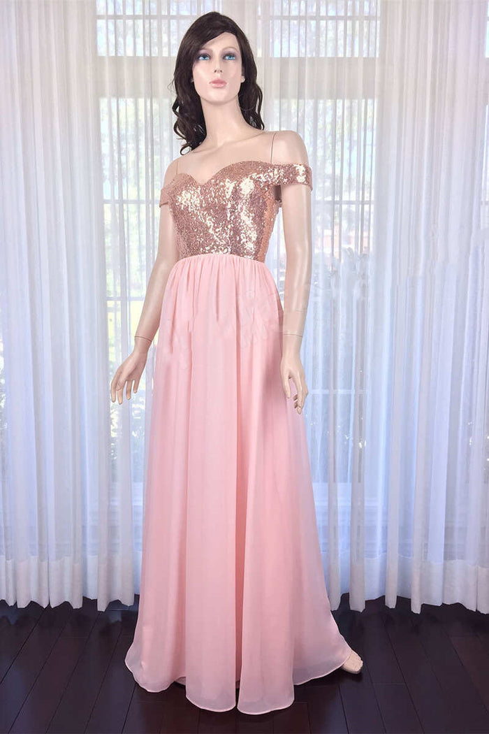 Pink Sequin Off-the-Shoulder Long Bridesmaid Dress
