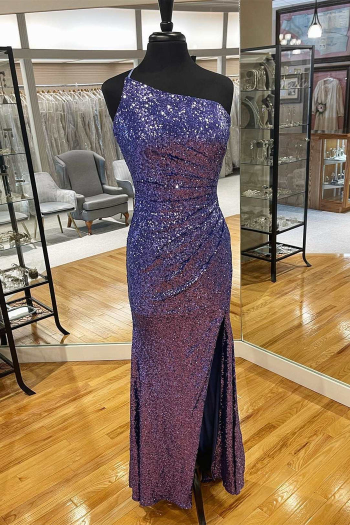 Dark Purple Sequin One-Shoulder Long Prom Dress with Slit