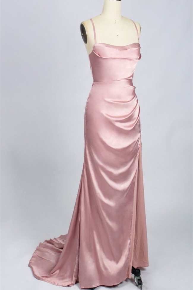 Pink Scoop Neck Lace-Up Back Long Formal Dress with Slit – Dreamdressy