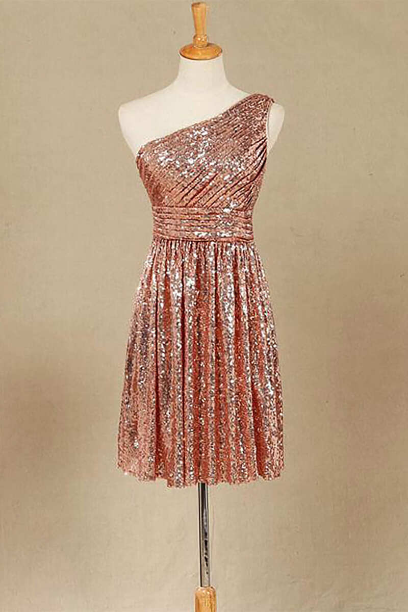 Rose Gold Sequin One-Shoulder Short Bridesmaid Dress