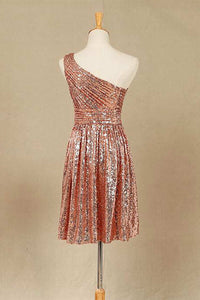 Rose Gold Sequin One-Shoulder Short Bridesmaid Dress