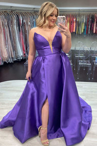 Purple Strapless A-Line prom Dress with Slit