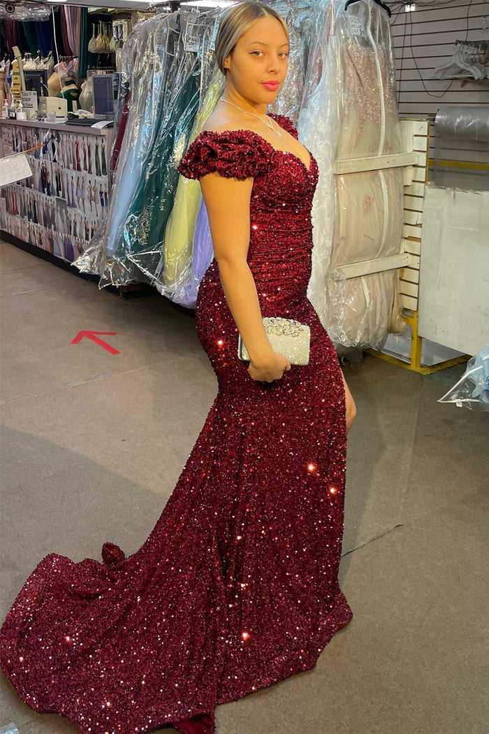 Burgundy Sequins Mermaid Off-Shoulder Slit Long Prom Dress