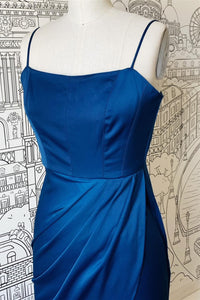 Royal Blue Sheath Spaghetti Straps Satin Long Bridesmaid Dress with Slit