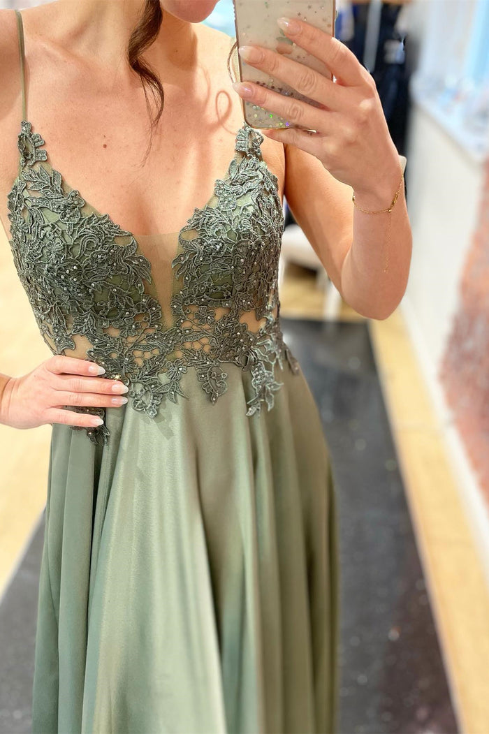 Eucalyptus Satin V Neckline Applique Long Prom Dress