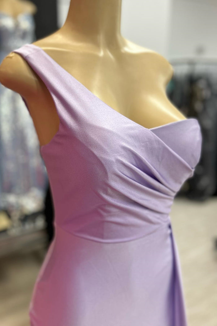 Lilac Mermaid One Shoulder Pleated Satin Long Btidesmaid Dress
