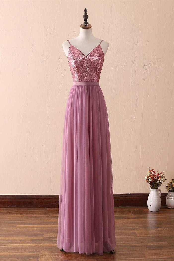 Dusty Purple Sequin Spaghetti Straps A-Line Long Bridesmaid Dress