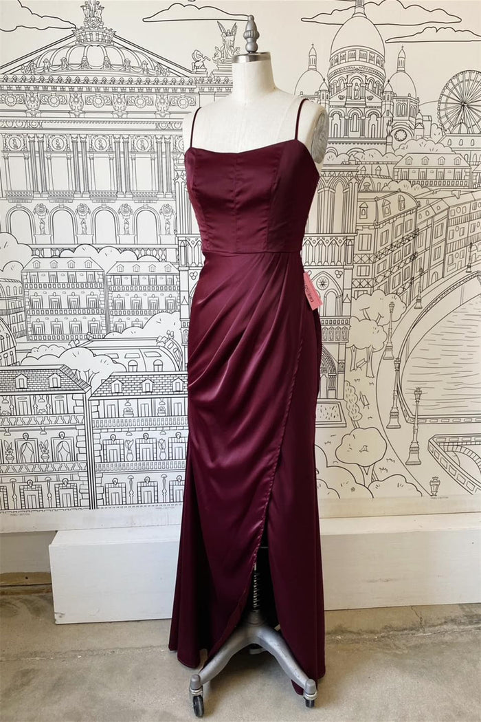 Raspberry Sheath Spaghetti Straps Satin Long Bridesmaid Dress with Slit