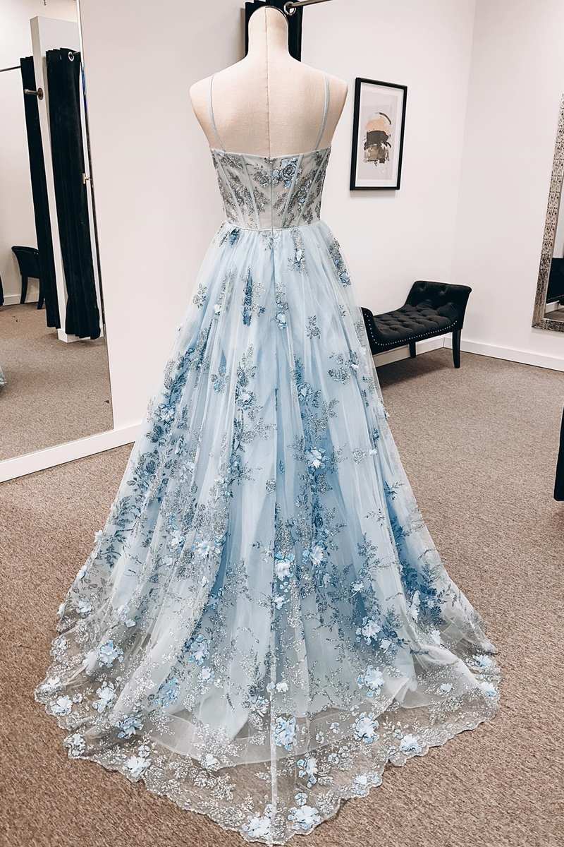 Blue 3D Floral Lace Sweetheart A Line Long Prom Dress