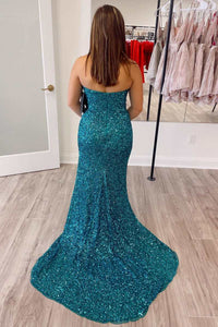 Red Sequin Strapless Mermaid Long Prom Dress with Slit