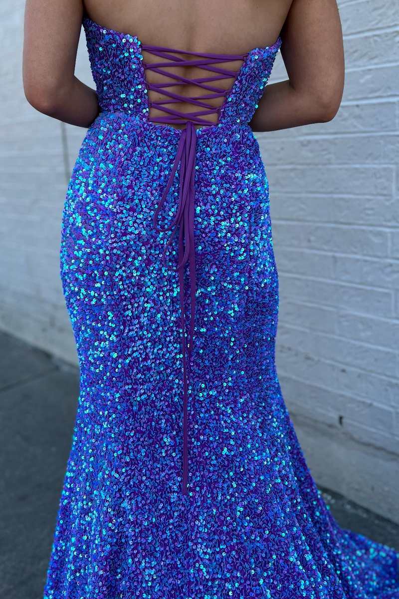 Periwinkle Iridescent Sequin Strapless Lace-Up Mermaid Long Prom Dress
