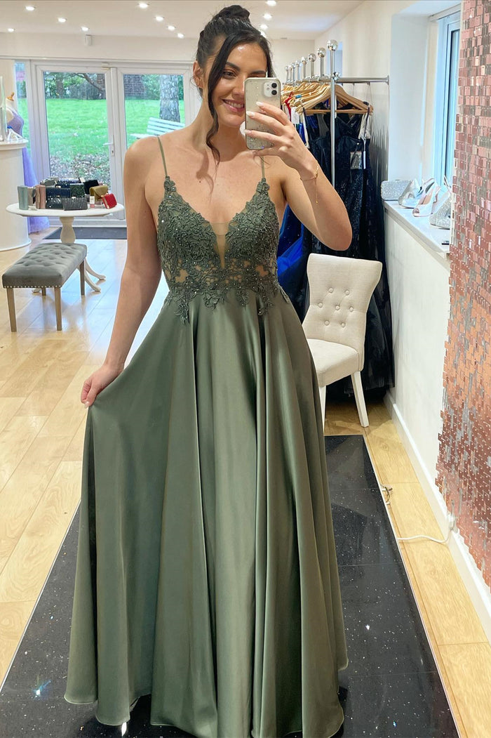 Eucalyptus Satin V Neckline Applique Long Prom Dress