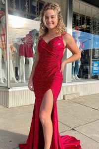 Red Beaded Lace-Up Back Mermaid Long Formal Dress with Slit