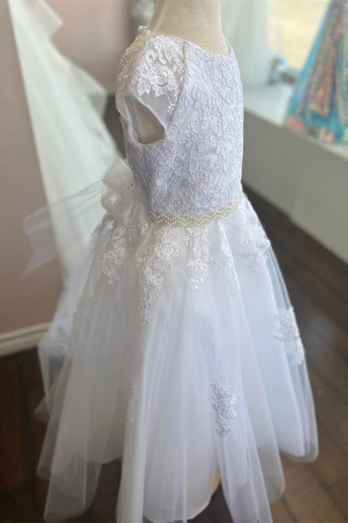 White Cap Sleeves Embroidered Appliques Pearl Beaded Long Flower Girl Dress