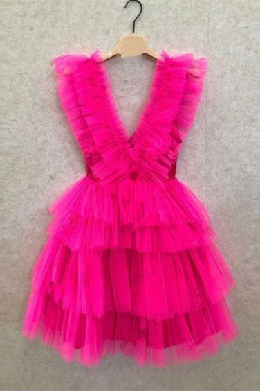 Pink Ruffle-Layers Plunging V Neck Homecoming Dress