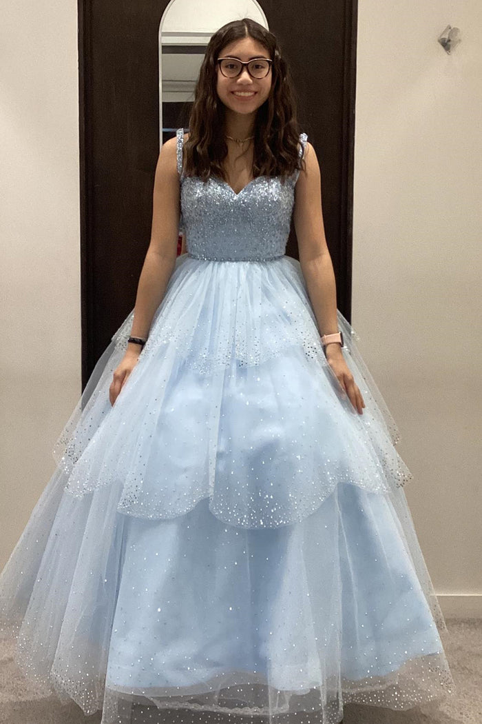 Light Blue Sweetheart Beaded Straps Lace-Up Multi-Layers Long Prom Dress