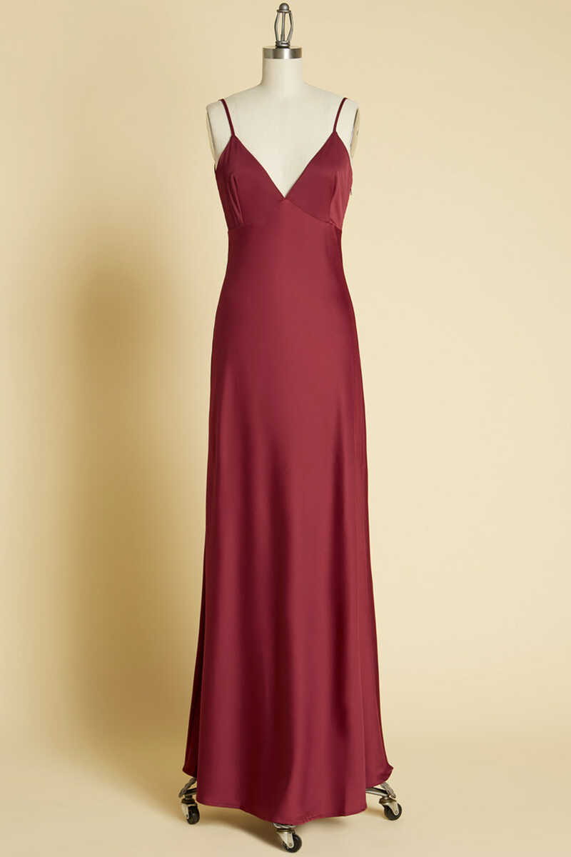 Simple Burgundy V-Neck Backless Long Formal Dress