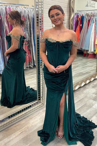 Blue Velvet Rhinestones Off-the-Shoulder Mermaid Long Formal Dress with Slit