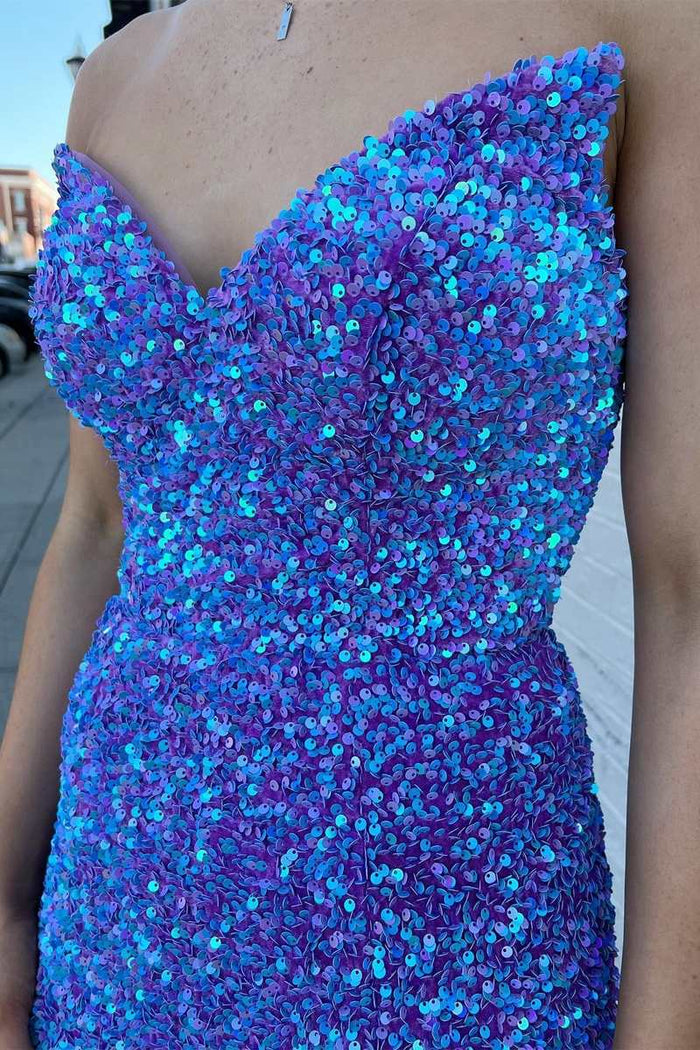 Periwinkle Iridescent Sequin Strapless Lace-Up Mermaid Long Prom Dress