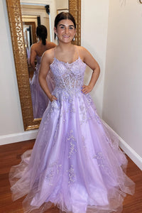 Lilac Lace-Up Back Scoop Neck Boning Appliques Tulle Long Prom Dress