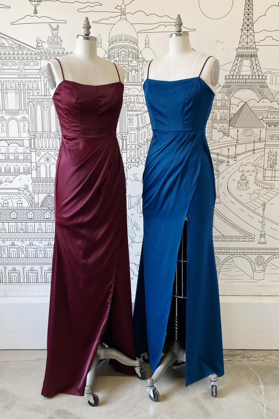 Raspberry & Royal Blue Sheath Spaghetti Straps Satin Long Bridesmaid Dress with Slit