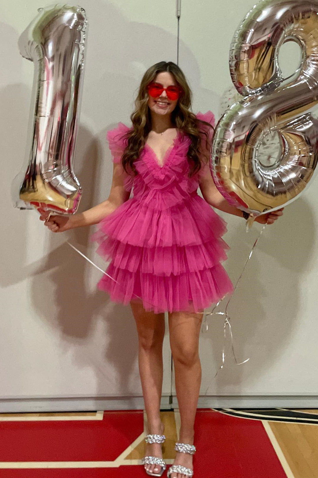 Fuchsia Ruffle-Layers Plunging V Neck Homecoming Dress