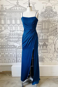 Royal Blue Sheath Spaghetti Straps Satin Long Bridesmaid Dress with Slit