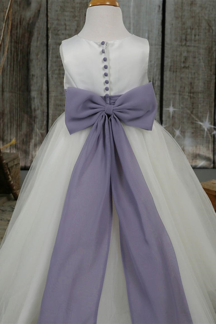 White Jewel Sleeves Buttons Long Flower Girl Dress with Purple Bow Sash