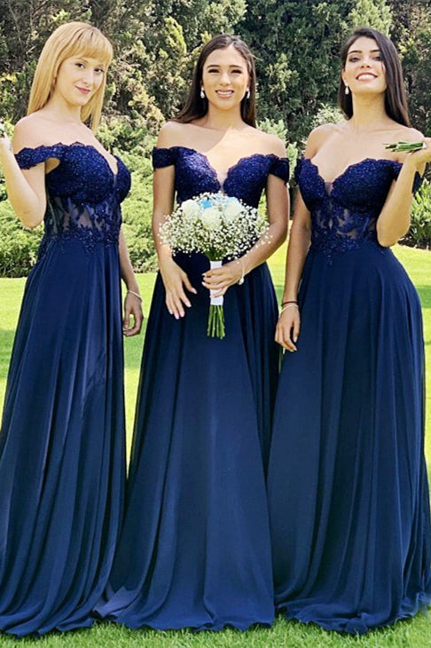 Indigo Lace Off-the-Shoulder A-Line Long Bridesmaid Dress