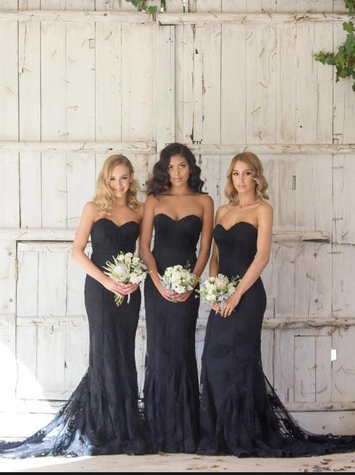 Elegant Strapless Black Mermaid Long Bridesmaid Dress