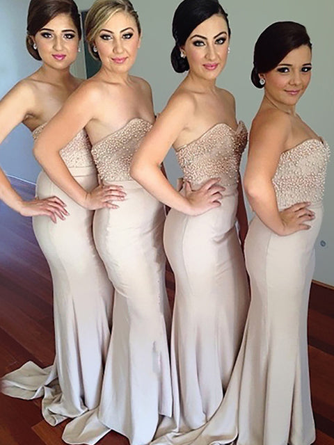 Sweetheart Mermaid Long Beige Bridesmaid Dress with Pearls