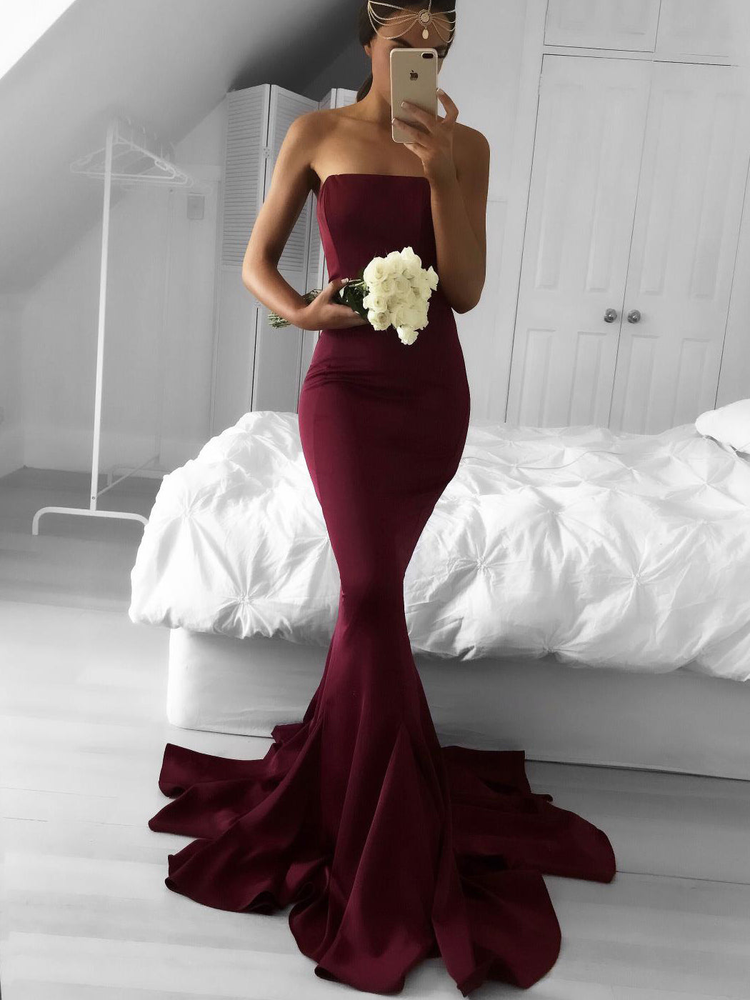 Gorgeous Strapless Burgundy Mermaid Long Bridesmaid Dress