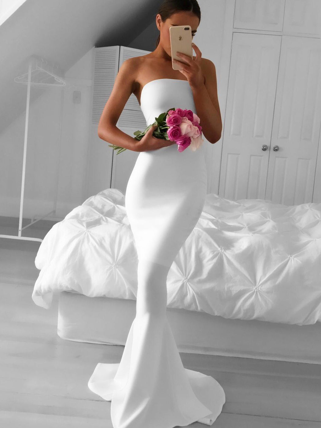 Simple Strapless Mermaid White Long Bridesmaid Dress