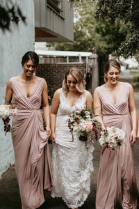 Elegant V Neck Blush Pink Long Bridesmaid Dress